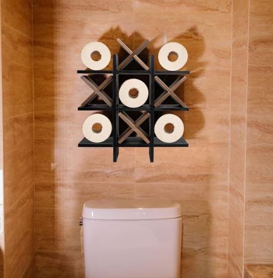 Wood Tic Tac Toe Toilet Paper Holder Stand with 4pcs Wooden X, Wall Mounted Toilet Papers Storage with Shelf Paper Roll Bathroom