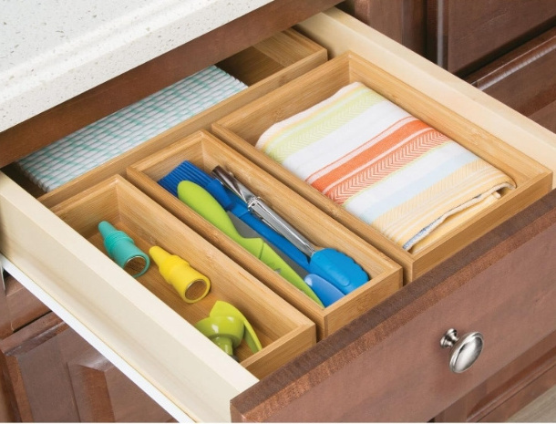 Long Stackable Wooden Bamboo Drawer Organizer 6L Storage Box Tray for Kitchen Utensils Sierware and Cosmetics