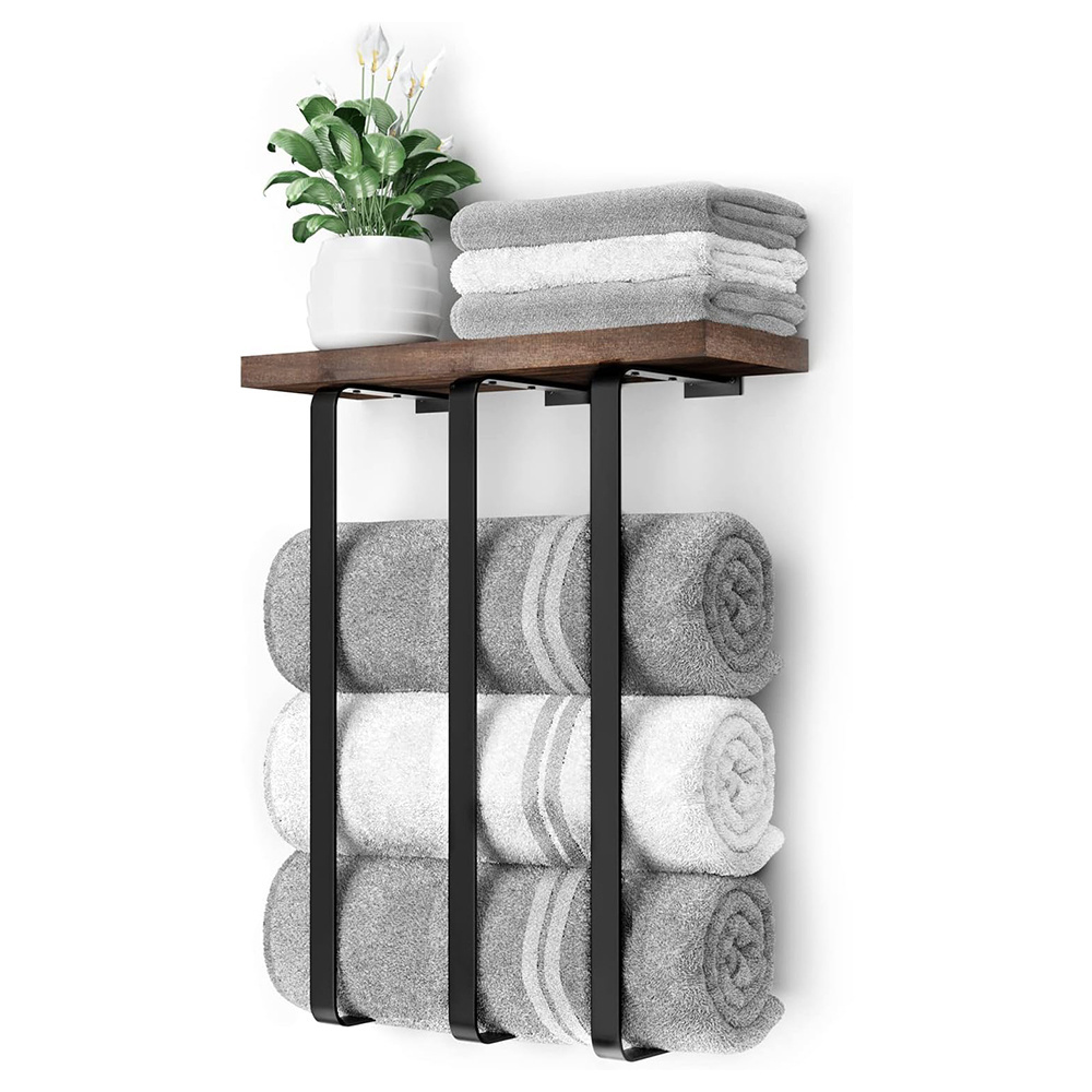 Bathroom Wall Mounted Towel Rack Towel Storage with Wooden Shelf Bath Towel Holder Washcloths Organizer