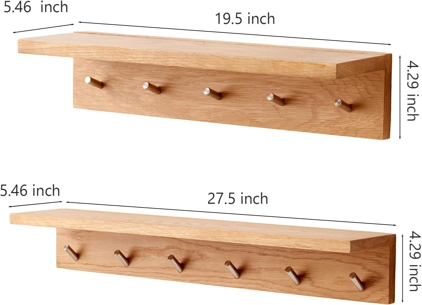 Oak Wood Wall Shelf with 5 Hooks Entryway Coat Rack and Floating Shelves for Display and Storage