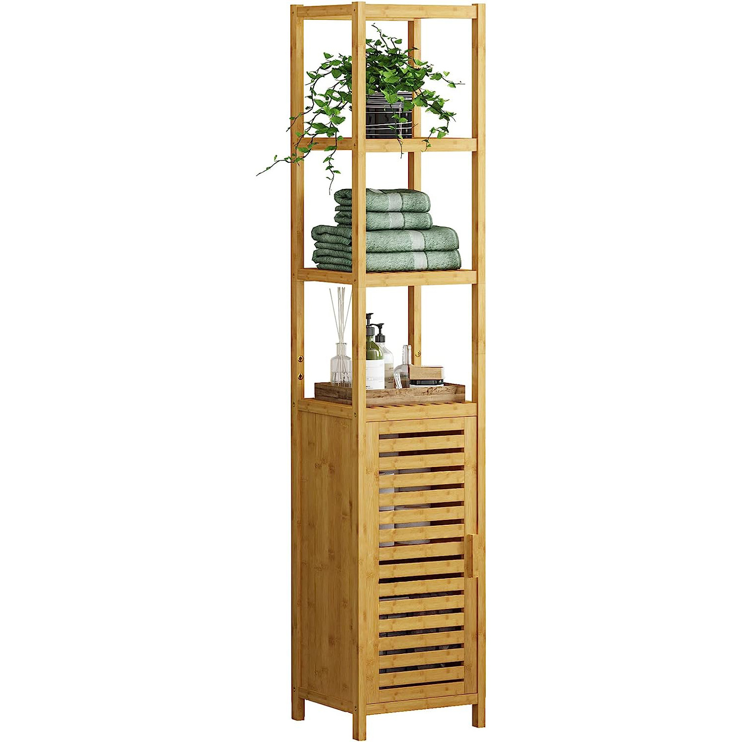 Natural Bamboo 3 Tier Shelves Storage Tall Slim Cabinet with Door Freestanding Wooden Organizer for Bedroom Living Room