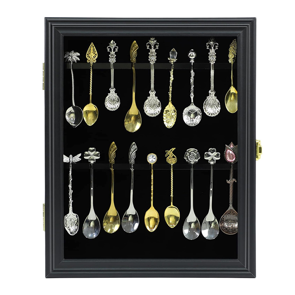 18 Tea Spoon Souvenir Display Case Wooden Shadow Box with Acrylic Door Wall Mount Home Collection Storage Rack