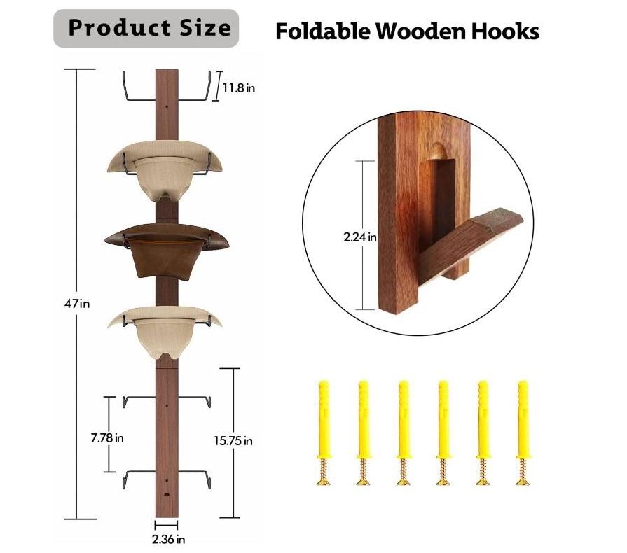 custom Cowboy Hat Rack 6 Pieces Hat Holder for Cowboy Hats with 3 Wooden Board and Folding Wall Hooks