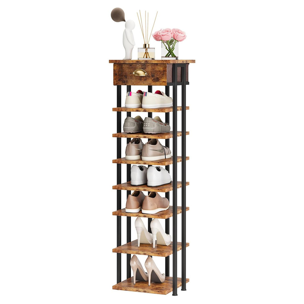 8-Tier Vertical Shoe Rack Organizer Modern Metal Narrow Shoes Storage with Wooden Top Drawer for Entryway Hallway