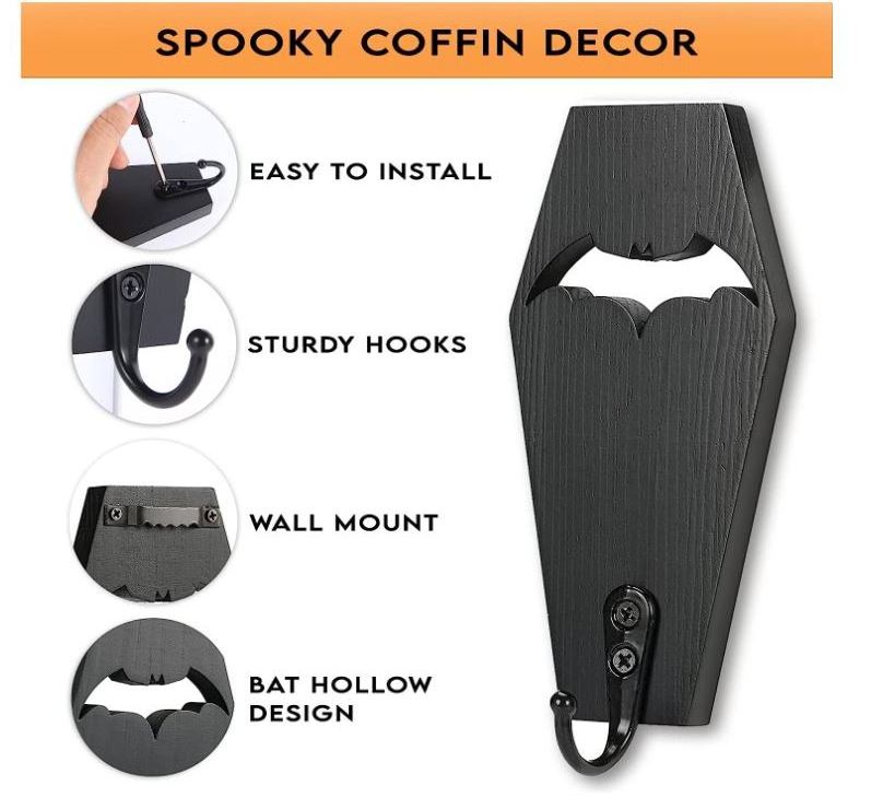 custom 2 pack Wooden Wall Mounted Mini Coffin Bat Decor Key Holder, Gothic Room Decor