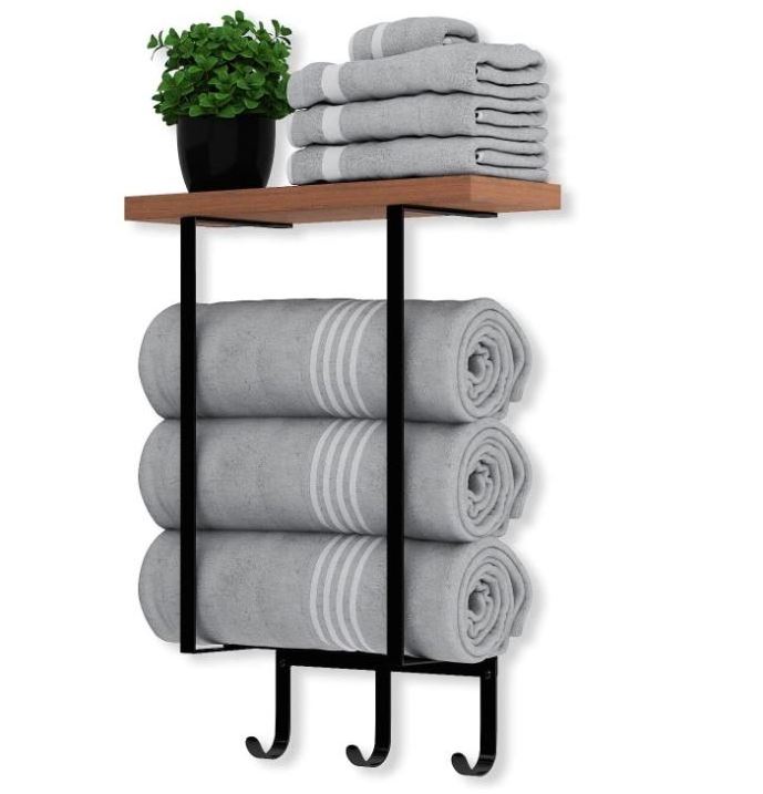 Wall Mounted Towel Racks with Wooden Shelf & 3 Hooks, Towel Holder for Small Bathroom Wall Decor, Bath Towel Storage Organizer