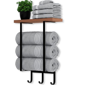 Wall Mounted Towel Racks with Wooden Shelf & 3 Hooks, Towel Holder for Small Bathroom Wall Decor, Bath Towel Storage Organizer