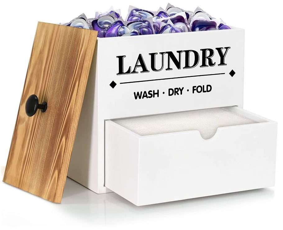 Dryer Sheet Holder with Drawer and Lid, Wood Dryer Sheet Dispenser and Laundry Pods Container for Laundry Room Organizationon