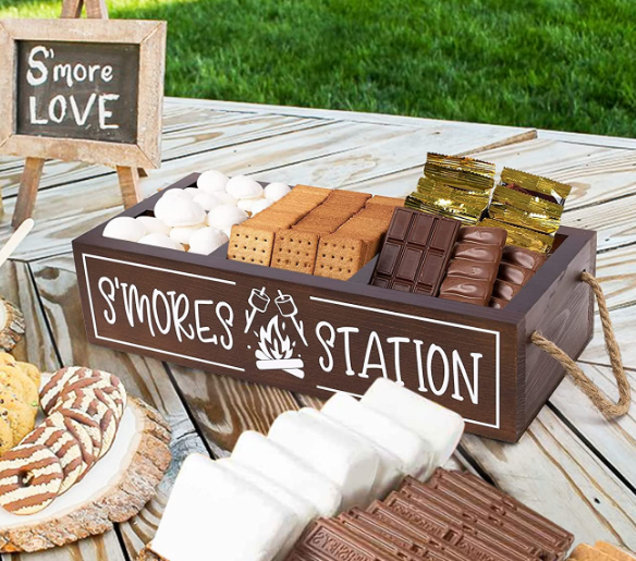 custom S'mores Station Wooden Box S'mores Bar Holder with Handles Farmhouse Kitchen Decor Rustic Smores Roasting Station Wood