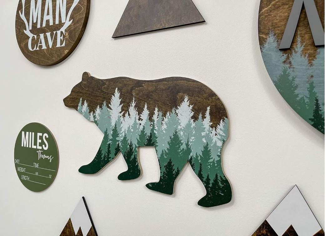 Custom Forest Bear Wall Sign, Adventure Theme Rustic Wood Nursery Decor Pine Tree Mountain Aesthetic, Home Art Decorations