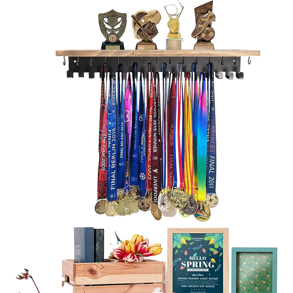 Medal Hanger Display Trophy Shelf with 32 Hooks Wooden Medal Holder for Wall Mount Sport Awards Soccer Honors Wall Mount Rack