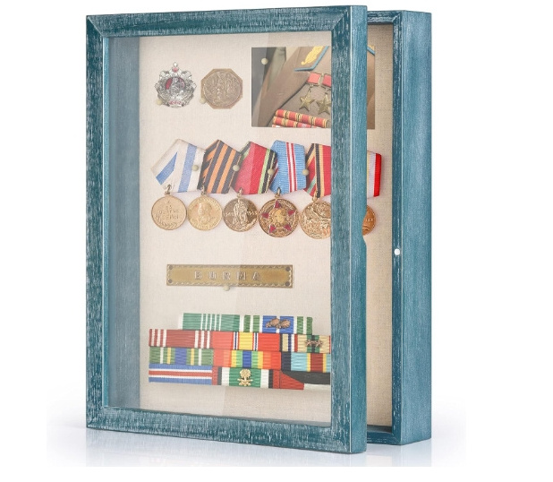 High quality Shadow Box Picture Frame with Linen Back Memorabilia Awards Medals Photos Memory Box Rustic Blue