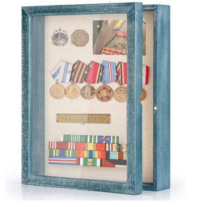 High quality Shadow Box Picture Frame with Linen Back Memorabilia Awards Medals Photos Memory Box Rustic Blue