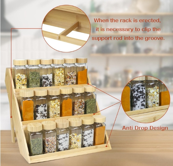 Bamboo Spice Rack Organizer 3 tier Seasoning Spice Shelf Space Saving Spice Racks Free Standing for Kitchen Drawer Cabinet