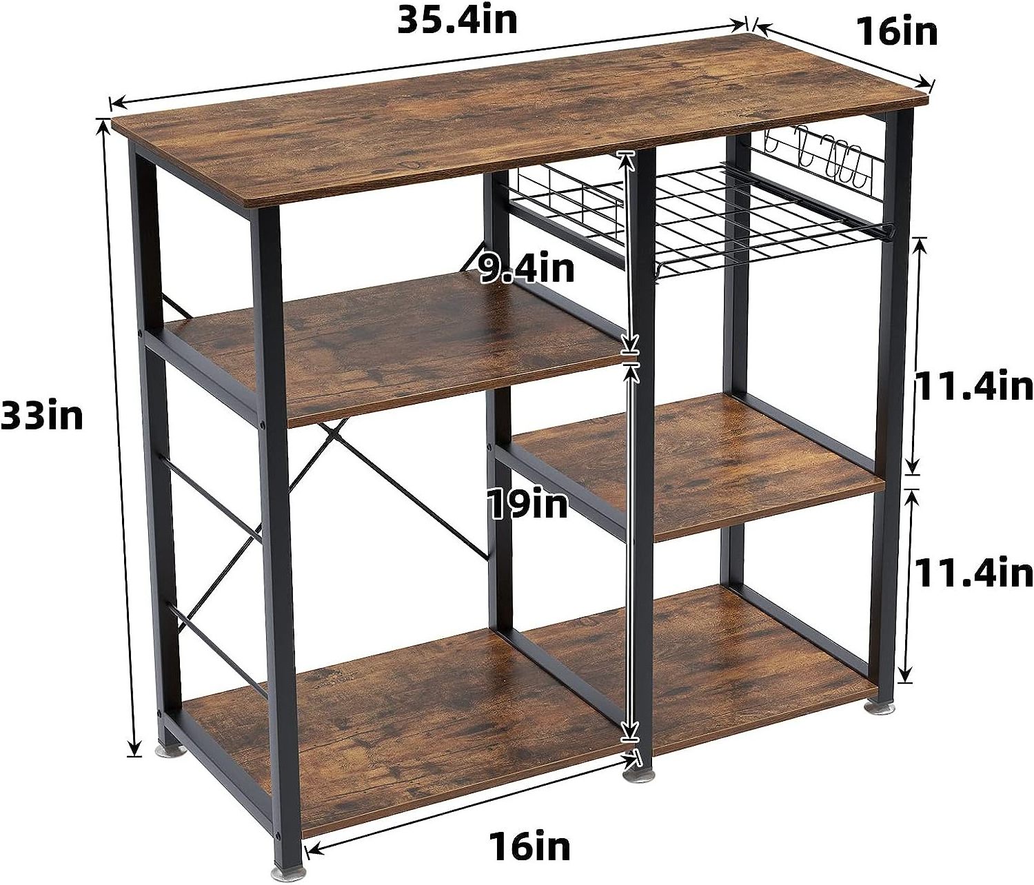 5-Tier Kitchen Shelves Organizers Racks with Movable Basket Wooden Stand Storage Coffee Station Table for Home Kitchen