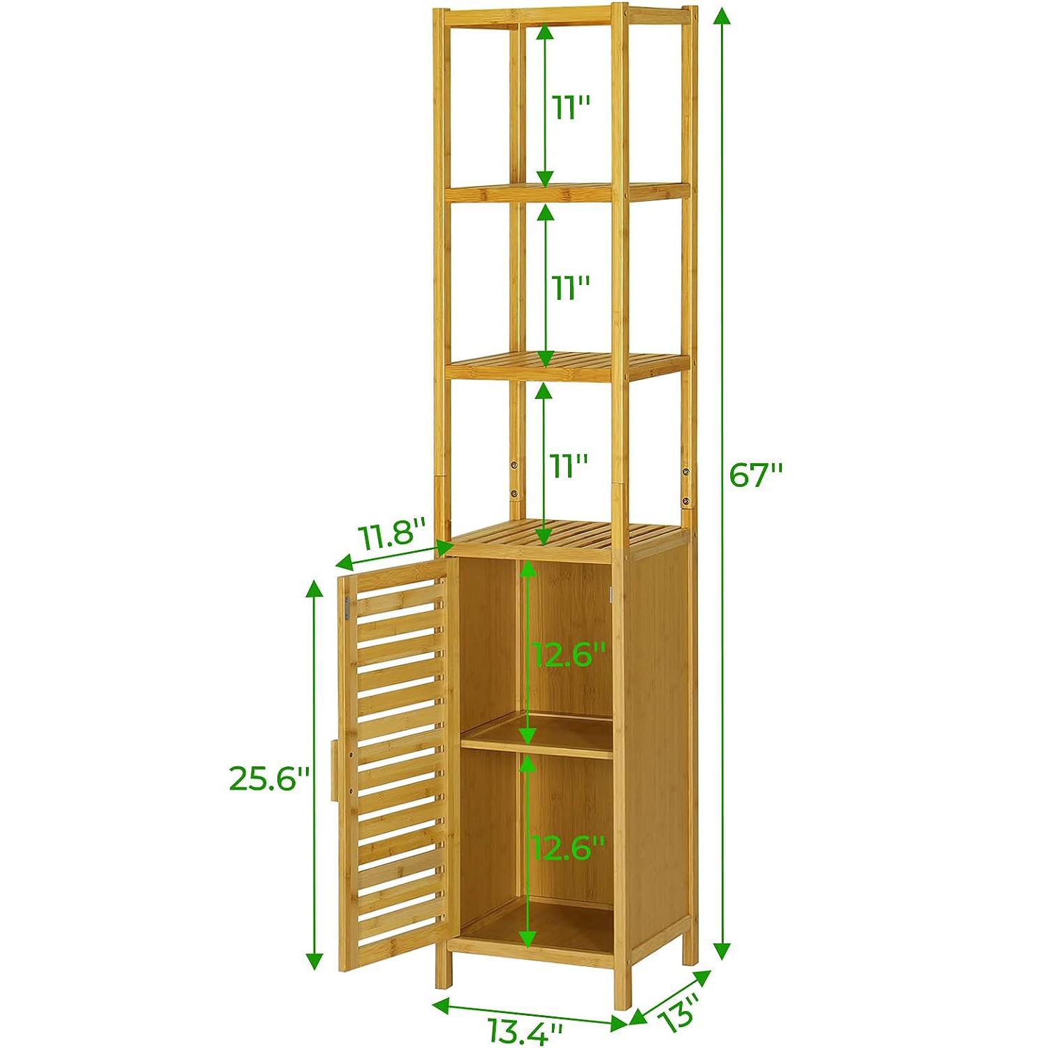 Natural Bamboo 3 Tier Shelves Storage Tall Slim Cabinet with Door Freestanding Wooden Organizer for Bedroom Living Room