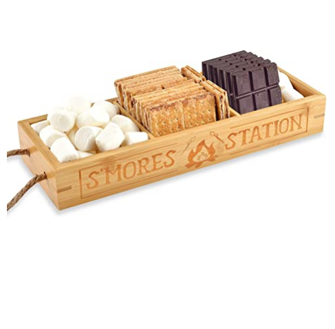 Custom S'mores Station Box Smores Caddy Bamboo Holder Wooden Organizer Box for Serving Snacks Camping BBQ Accessories