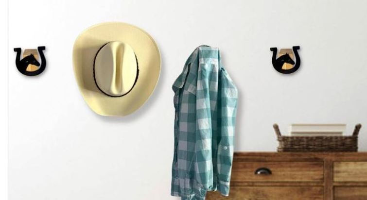 Cowboy Hat Rack for Wall Set of 3 Decorative Wall Mounted Holder Wood Black Metal Horse Shoe Hooks Hanging Coats and Hats