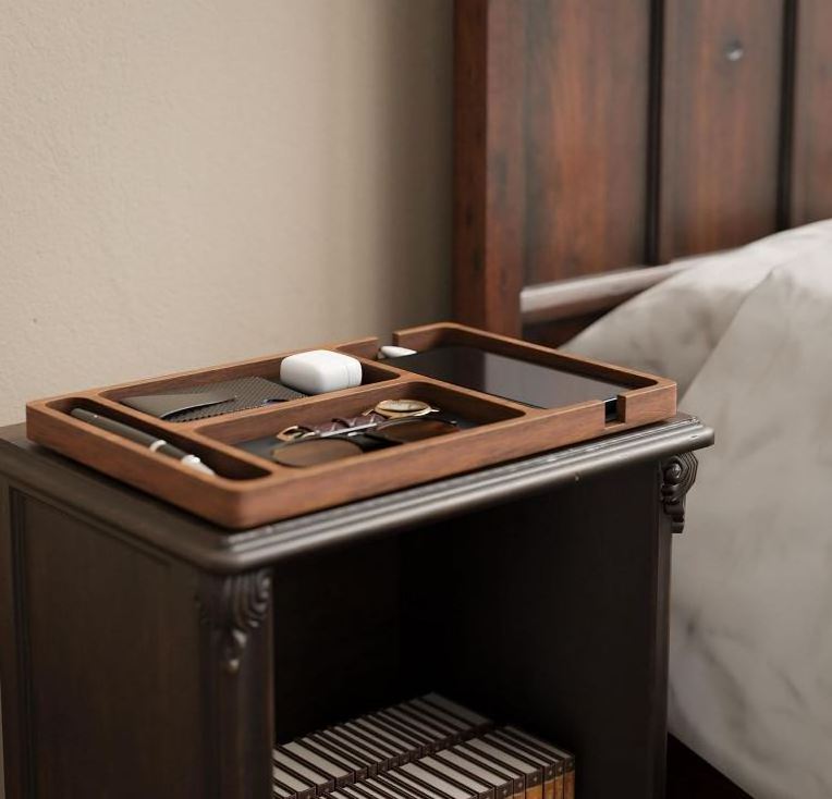 custom Men's Wooden Valet Tray with Leather Lining Nightstand Organizer EDC Catchall Tray Key Phone Storage for Men