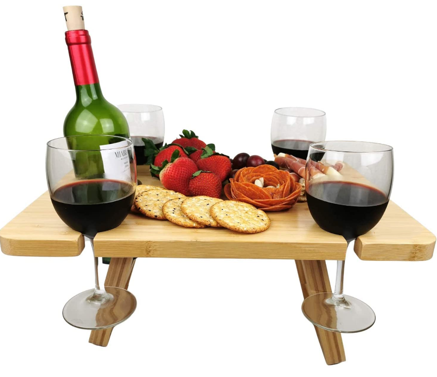 custom Portable Wooden Wine Picnic Table Bamboo Folding Charcuterie Meat and Cheese Tray with Bottle and Four Glass Holder