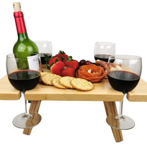 custom Portable Wooden Wine Picnic Table Bamboo Folding Charcuterie Meat and Cheese Tray with Bottle and Four Glass Holder