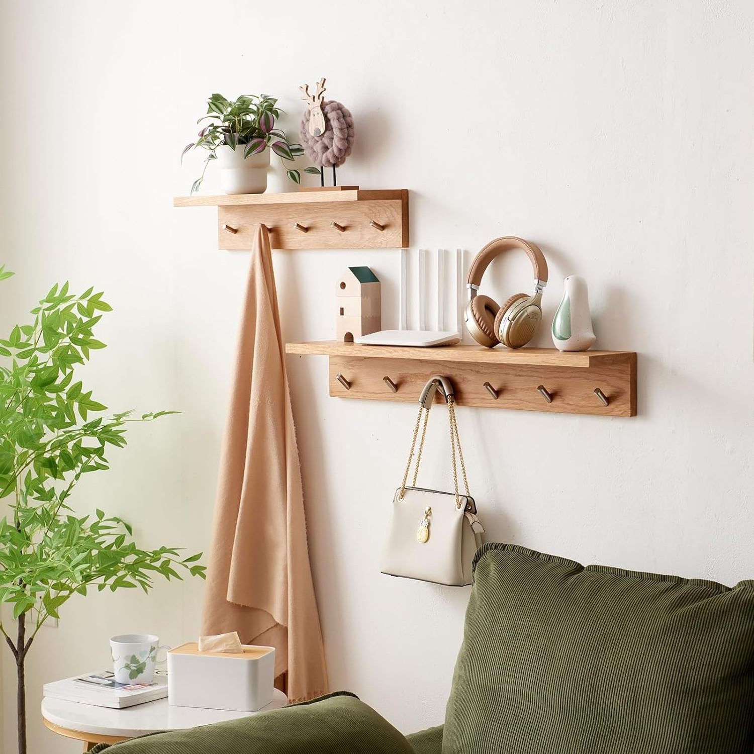 Oak Wood Wall Shelf with 5 Hooks Entryway Coat Rack and Floating Shelves for Display and Storage