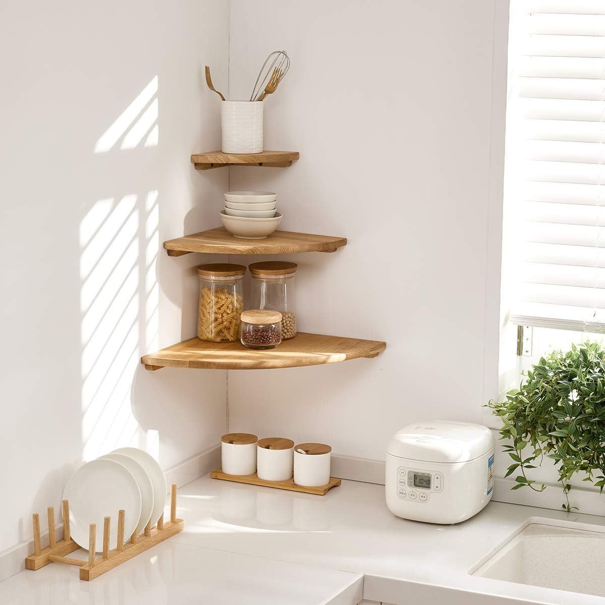 Small Wood Floating round End Wall Mount Corner Storage Rack Kitchen Living Room Organizer and Plant Stand