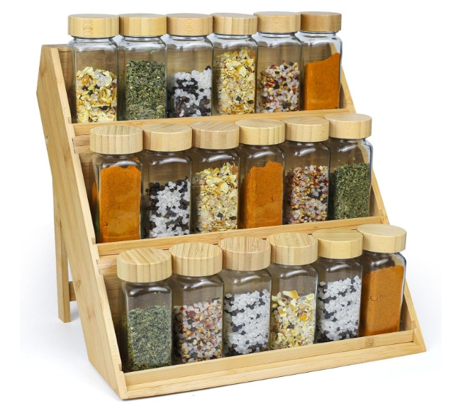 Bamboo Spice Rack Organizer 3 tier Seasoning Spice Shelf Space Saving Spice Racks Free Standing for Kitchen Drawer Cabinet