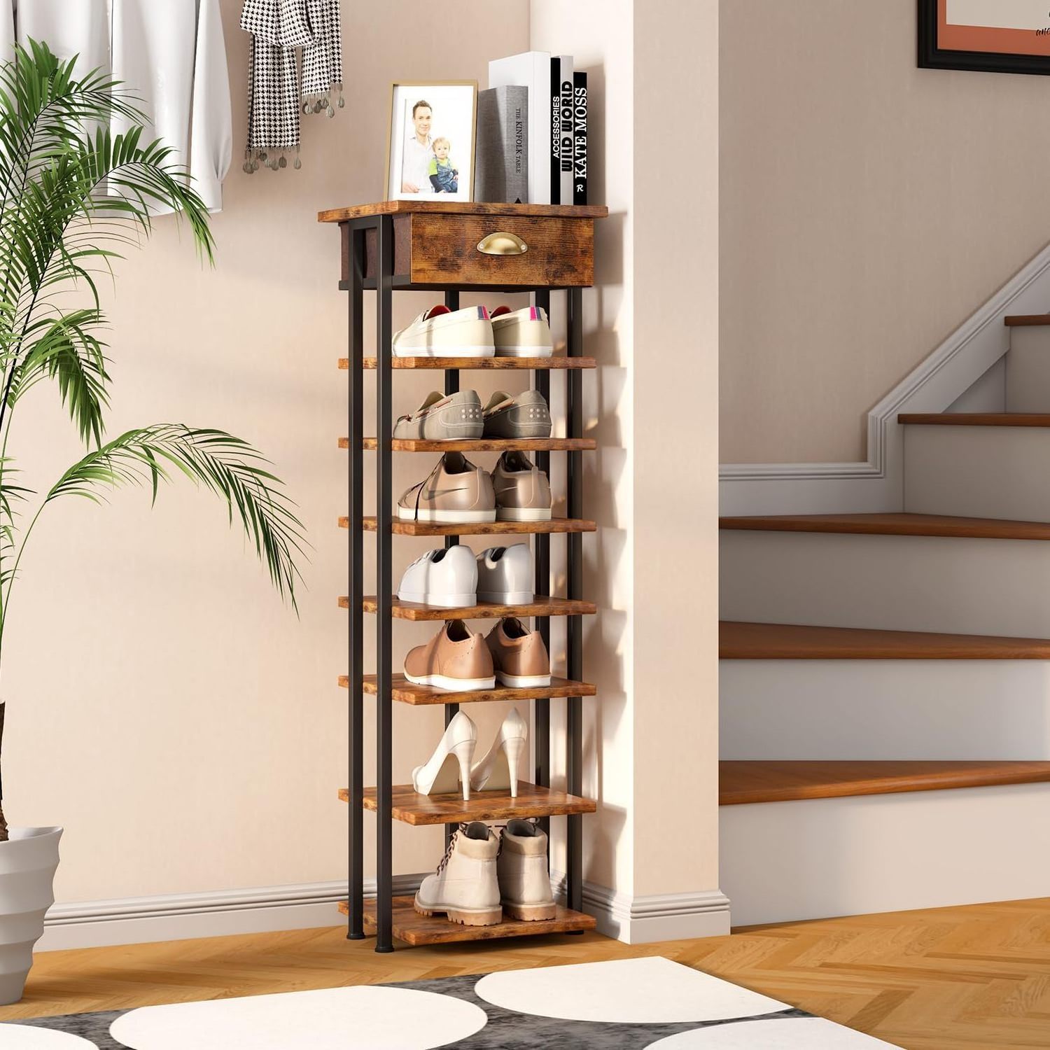 8-Tier Vertical Shoe Rack Organizer Modern Metal Narrow Shoes Storage with Wooden Top Drawer for Entryway Hallway