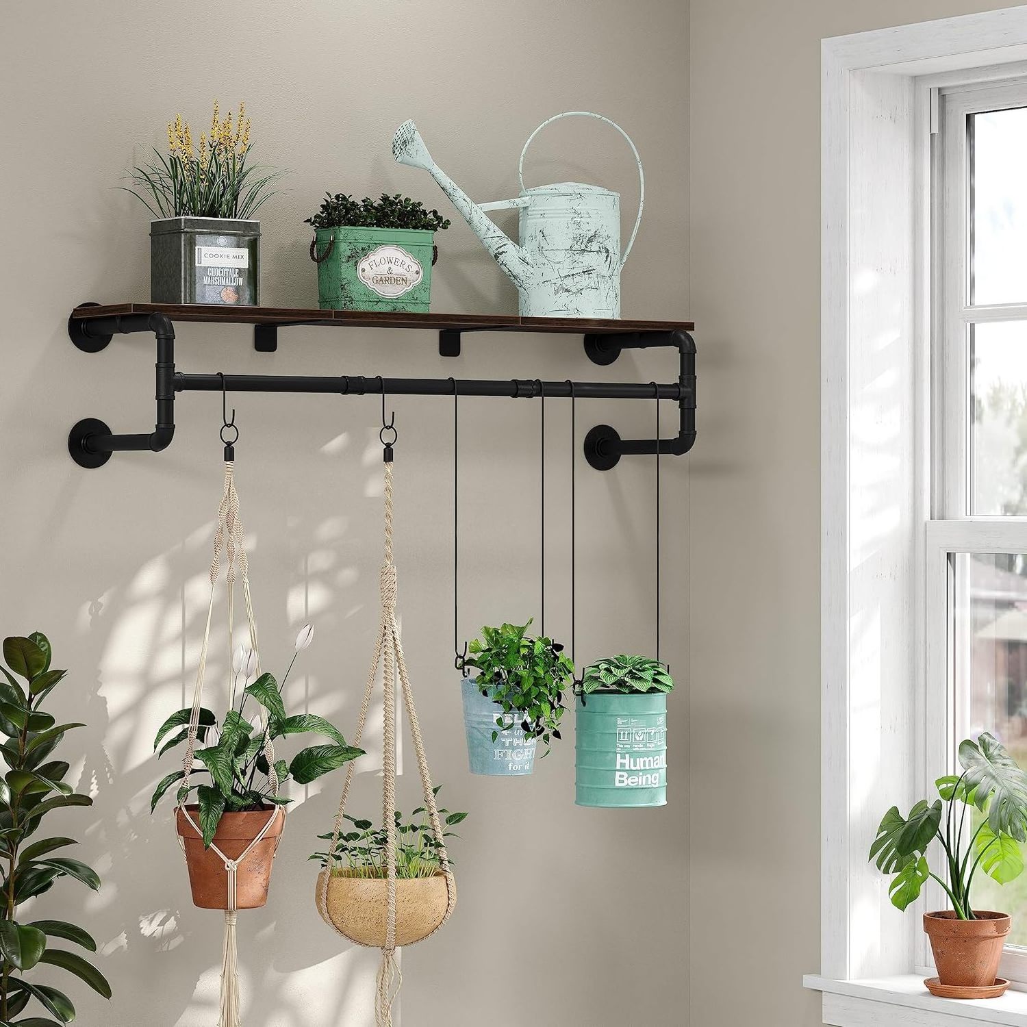 Industrial Wall & Display Shelves Pipe Clothes Rack with Top Shelf and 3 Hooks for Efficient Clothing Storage