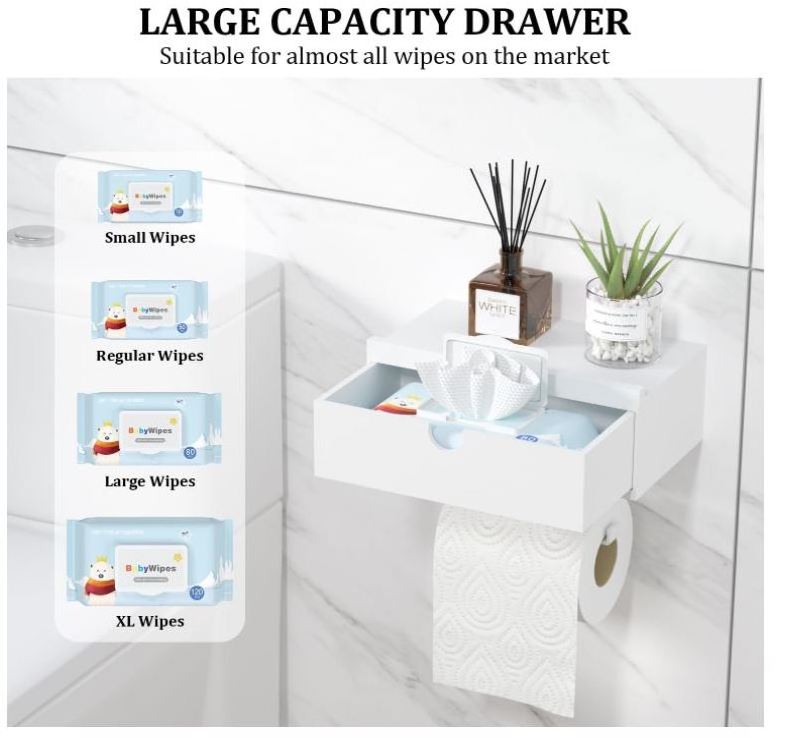 White Toilet Paper Holder with Shelf Wall Mount/Adhesive Bathroom Holder Bamboo Wood Tissue Toilet Roll Storage Drawer Organizer