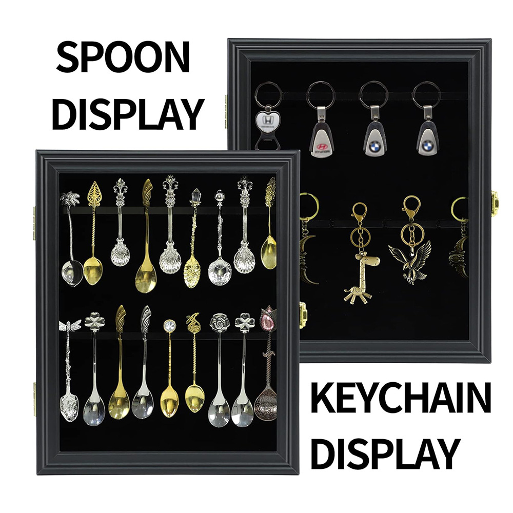 18 Tea Spoon Souvenir Display Case Wooden Shadow Box with Acrylic Door Wall Mount Home Collection Storage Rack