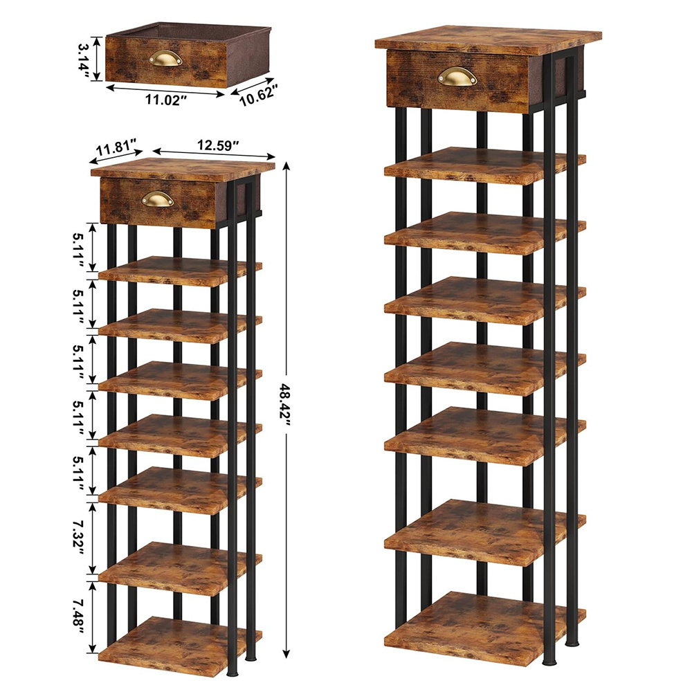 8-Tier Vertical Shoe Rack Organizer Modern Metal Narrow Shoes Storage with Wooden Top Drawer for Entryway Hallway