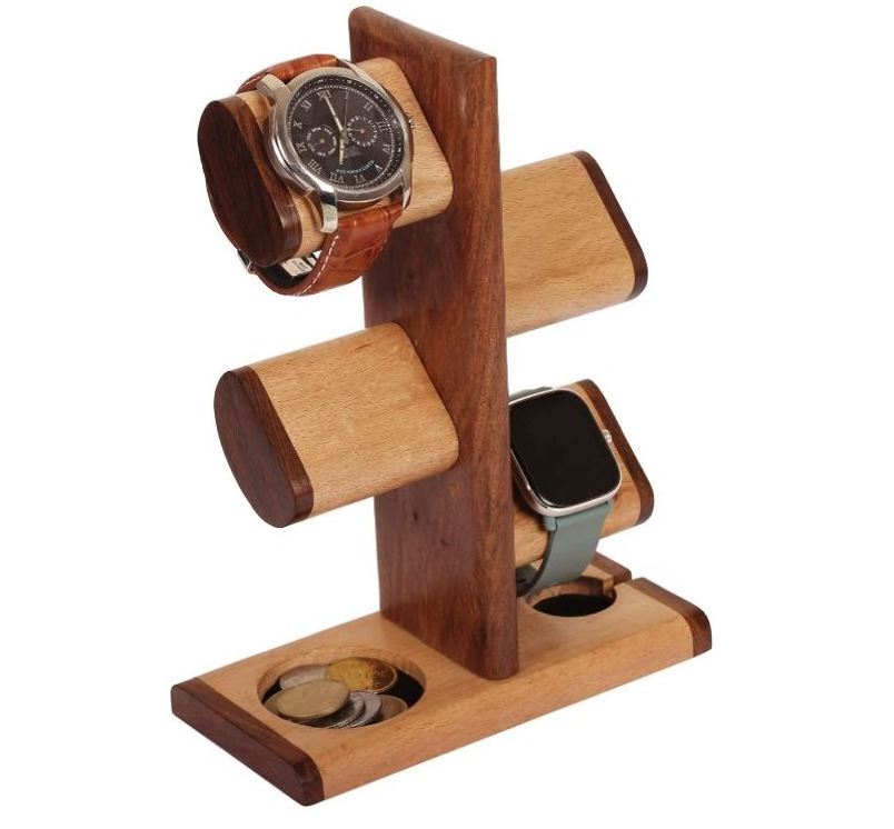 custom 5 in One Multiple Wood Watch Holder Stand Charging Station, Watch Display Tower Jewelry Organizer for Rings