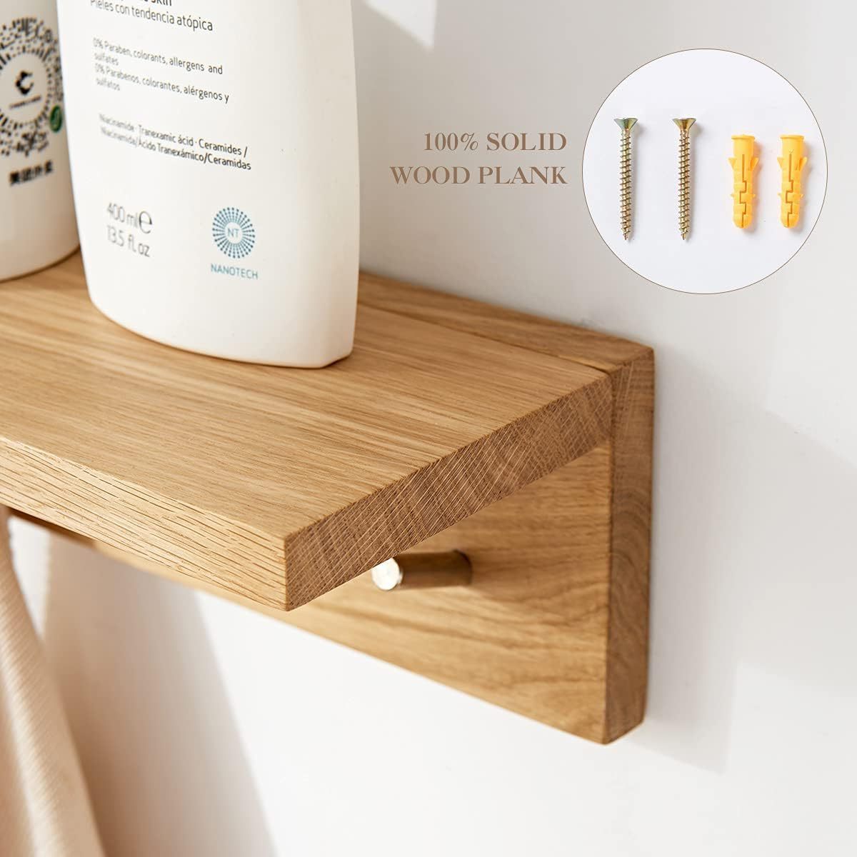 Oak Wood Wall Shelf with 5 Hooks Entryway Coat Rack and Floating Shelves for Display and Storage