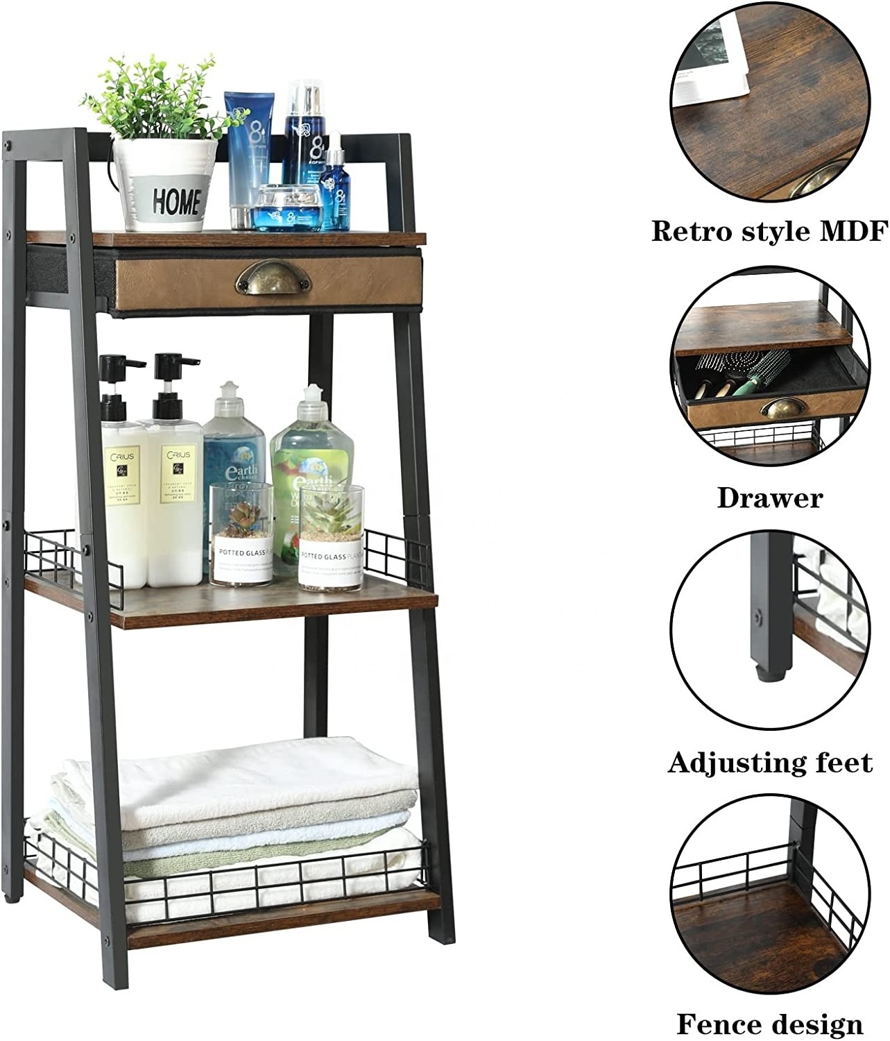 three tier tower ladder bathroom floor storage shelf with drawer and open shelving for living room and balcony