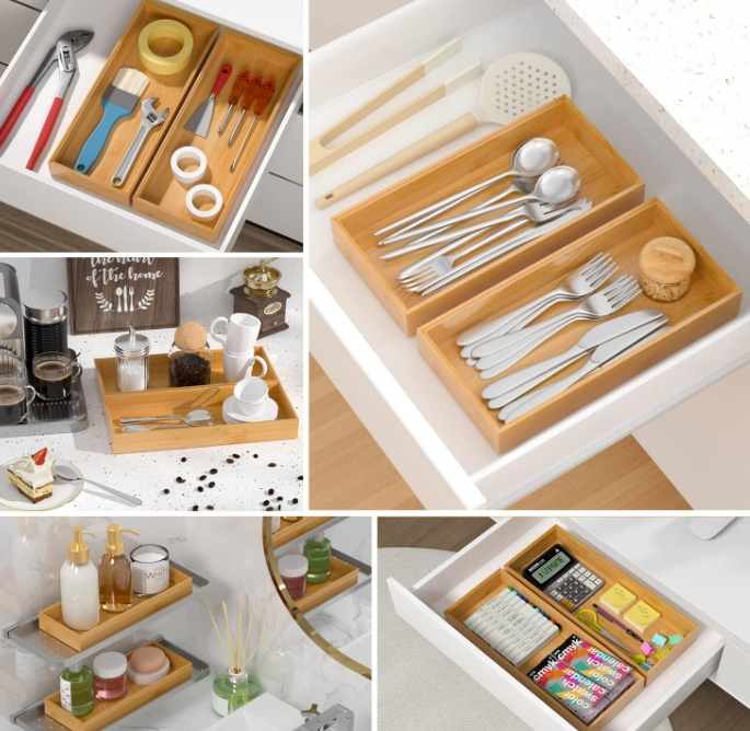 Bamboo Drawer Organizer Stackable Utensil Organizer for Kitchen Bamboo Storage Box Wood Silverware Tray for Drawer