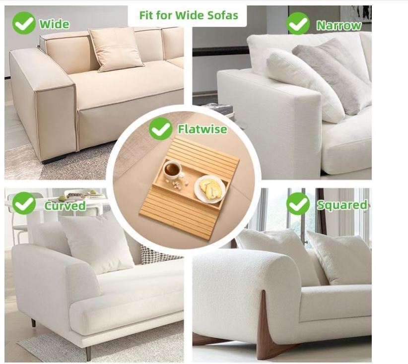 Sofa Arm Tray Bamboo Sofa Tray Table for Couch, Sofa Armrest Tray Anti-Slip Clip Couch Cup Holder for Snacks Phone Control Cups