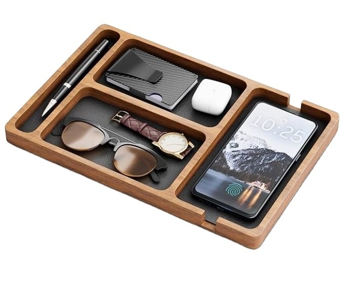 custom Men's Wooden Valet Tray with Leather Lining Nightstand Organizer EDC Catchall Tray Key Phone Storage for Men