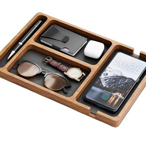 custom Men's Wooden Valet Tray with Leather Lining Nightstand Organizer EDC Catchall Tray Key Phone Storage for Men