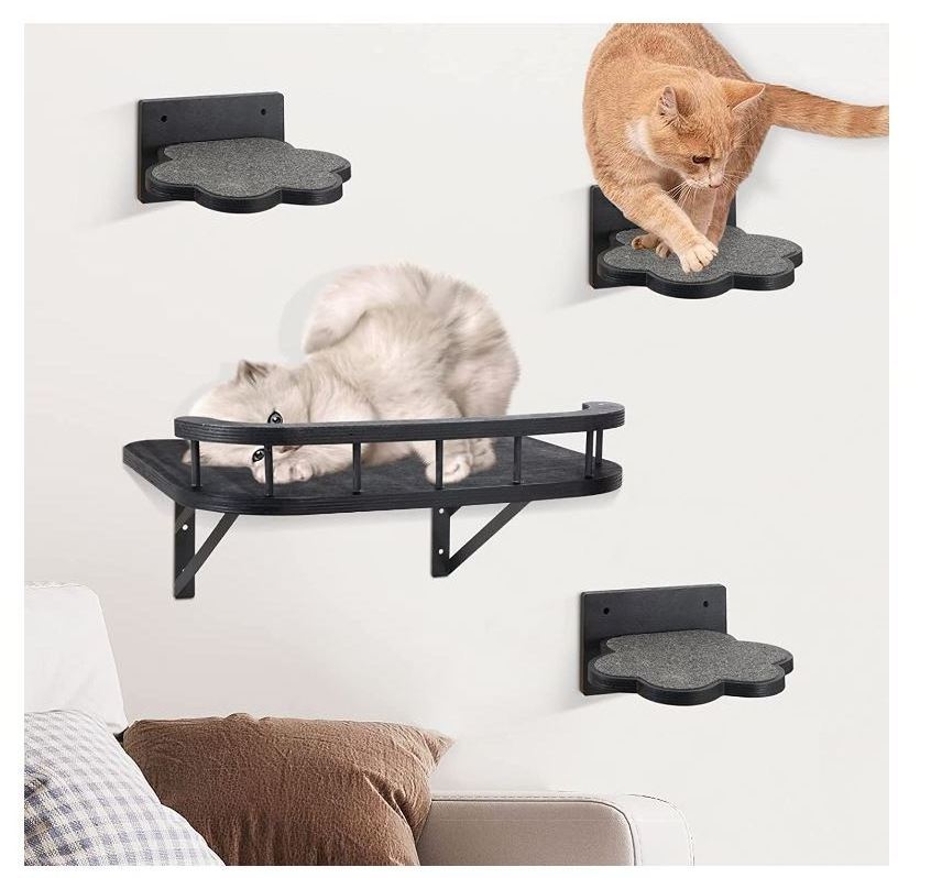 Cat Hammock Cat Wall Furniture with 1 Plush Cushion and 3 Wall Steps, Wall Mounted Cat Shelves and Perches, Cat Climbing Shelf