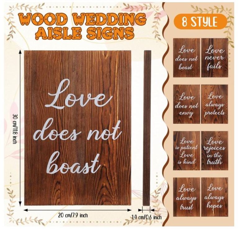 custom Set of 8 Wedding Aisle Signs, Wooden Wedding Signs Love Is Patient Kind Rustic Wood Signage Bible Verses Wall Decor