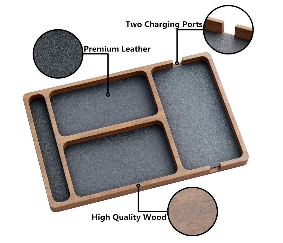 custom Men's Wooden Valet Tray with Leather Lining Nightstand Organizer EDC Catchall Tray Key Phone Storage for Men