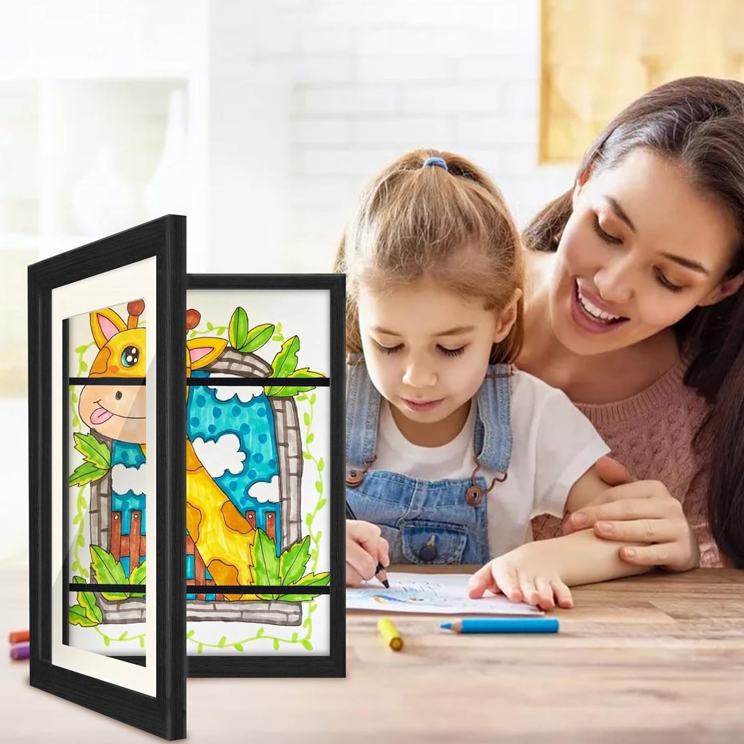 Front Open Wooden Art Frame for Children's Artwork A4 Display Horizontal and Vertical Replaceable Black Art Show Frame