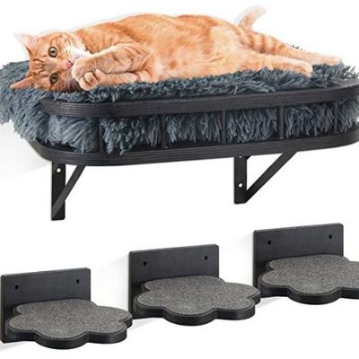 Cat Hammock Cat Wall Furniture with 1 Plush Cushion and 3 Wall Steps, Wall Mounted Cat Shelves and Perches, Cat Climbing Shelf