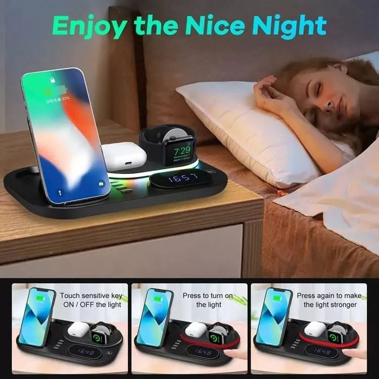 30W Fast Charging Station 3 in 1 With Alarm Clock Night Light Foldable Magnetic 5 In 1 Wireless Charger