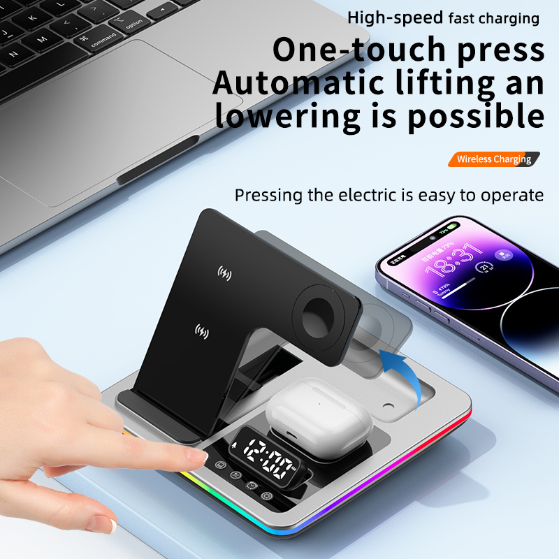 Touch Control Folding 30W Multifunctional Wireless Charging Station with RGB Lantern 5-in-1 Wireless Charger