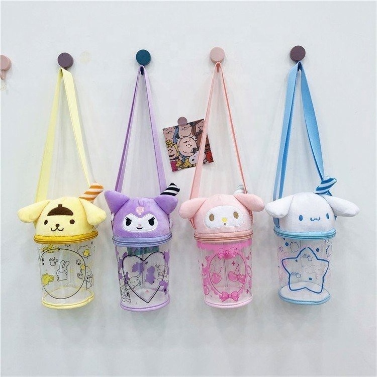 New Sanrios Cartoon jelly bag cute cup type pvc transparent cross-body bag storage bag creative plush doll holiday gifts