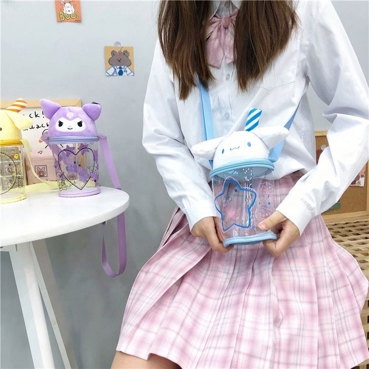 New Sanrios Cartoon jelly bag cute cup type pvc transparent cross-body bag storage bag creative plush doll holiday gifts