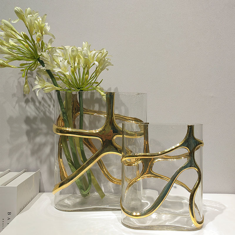 Modern minimalist and luxurious gold silver glass flat streamline flower ware, vase, living room soft decoration